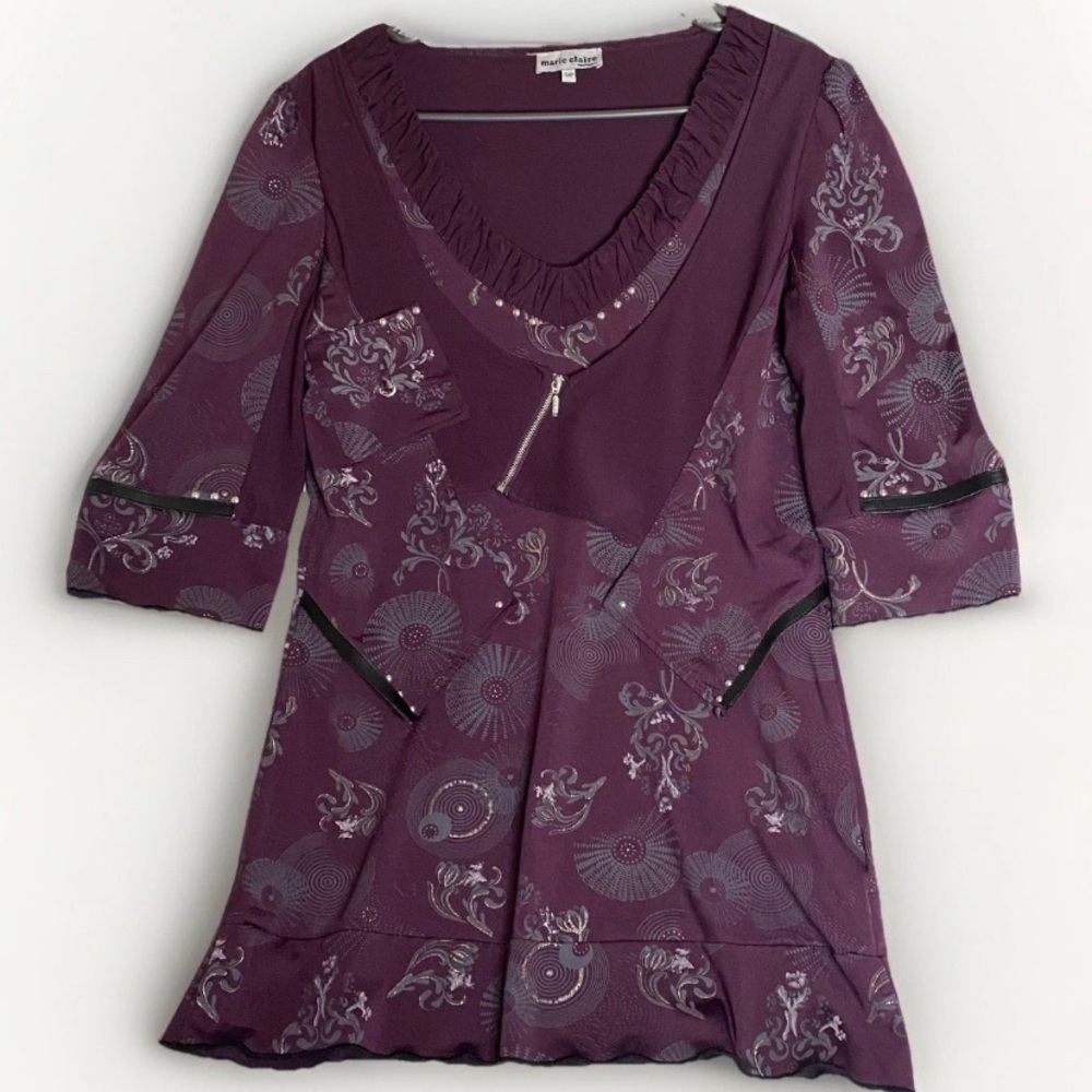 Marie Claire Abstract Whimsy Floral Festival‎ V-neck Tunic Shirt Purple Zipper S